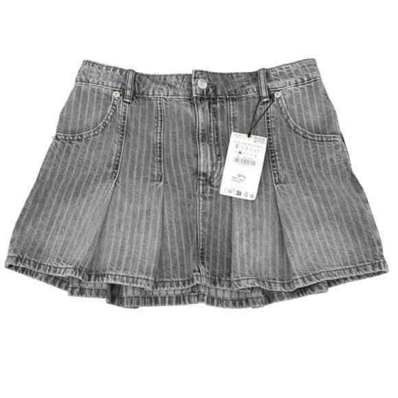Zara Denim Box Pleat Skirt In Light Gray Size Small - Picture 3 of 6